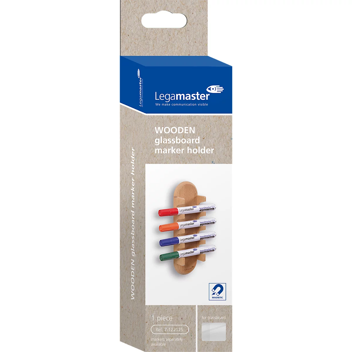 Glasboard-Markerhalter Legamaster WOODEN, magnetisch, lagert 4 Boardmarker, B 60 x T 35 x H 200 mm, Buchenholz, lackiert
